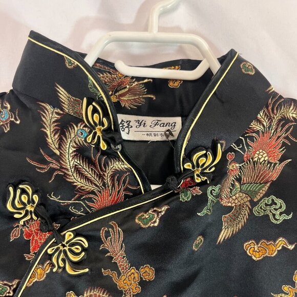 Yi Fang Asian Cheongsam Dress Women Black Embroidered Dragon Peacock Side Slit - Picture 2 of 14